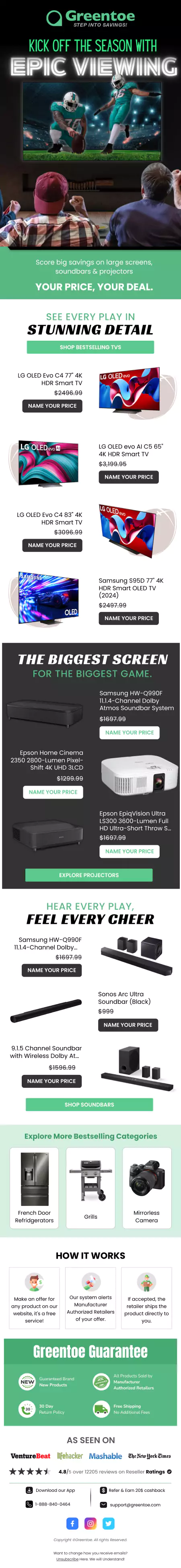 Convertcart email workflow case study — Greentoe email promoting home entertainment deals on TVs, soundbars, and projectors with a Kick Off the Season with Epic Viewing theme