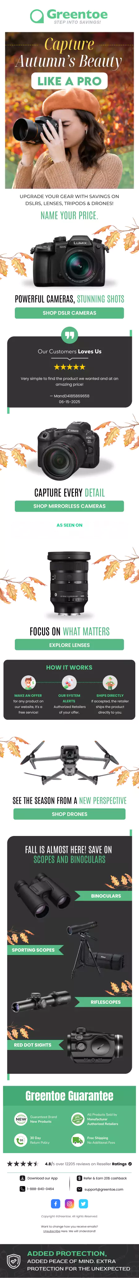 Convertcart holiday email marketing case study — Greentoe email promoting camera gear including DSLRs, mirrorless cameras, lenses, drones, scopes, and binoculars with a Capture Autumn's Beauty Like a Pro theme